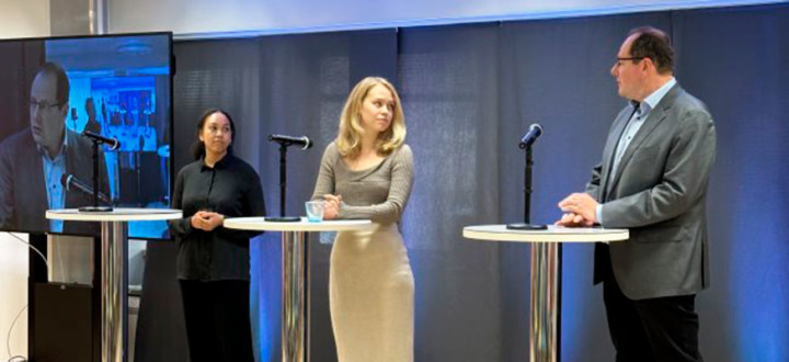 UN Global Compact Network Finlandin ohjelmajohtaja Sophia Lawson, UPM:n vastuullisuusjohtaja Sami Lundgren ja Måndagin kehitysjohtaja Anna Abrahamsson.